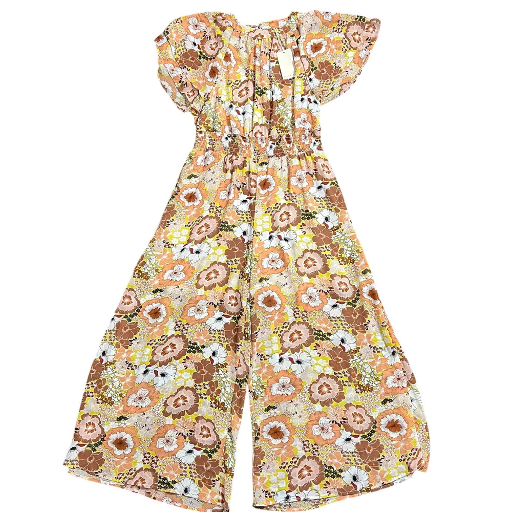 MelloDay Jumpsuit w Pockets XS Yellow Brown Cropped Wide Leg Floral Boho Cottage
